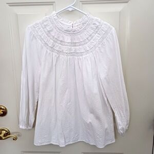 LOFT Smocked Lace Yoke White Blouse Top Size Medium